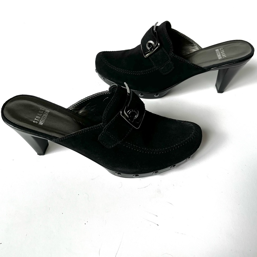 NEW IN BOX Stuart Weitzman Double Agent Black Sport/Suede Studded Mule Clogs 8.5